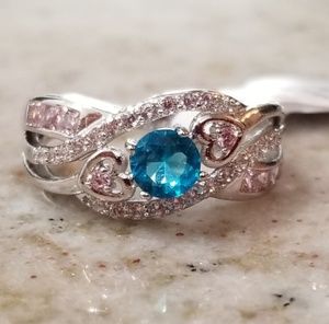 New Silver Plated blue hearts stone ring size 7